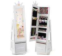 COSTWAY Kids Jewelry Armoire Cabinet, 360° Swivel Jewelry Organizer with Full Length Mirror, Fabric Drawer, Freestanding Girls Vanity Dress Up Mirror for 3+ Years Old (White)