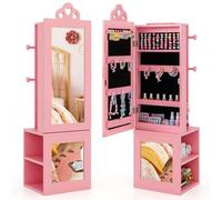 COSTWAY Kids Jewelry Armoire Cabinet, Wooden Jewelry Organizer with Full-Length Mirror, Rear Storage Shelves, Garment Rack, Child's Vanity Dress Up Mirror for Girls 3+ Years Old (Pink)