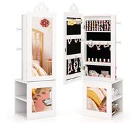 COSTWAY Kids Jewelry Armoire Cabinet, Wooden Jewelry Organizer with Full-Length Mirror, Rear Storage Shelves, Garment Rack, Child's Vanity Dress Up Mirror for Girls 3+ Years Old
