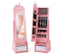 COSTWAY Kids Jewelry Cabinet Armoire, Freestanding Full Length Mirror with Storage Drawers, 2 Adjustable Tilt Angles, Child's Vanity Dress Up Mirrors for 3 + Years Old (Pink)