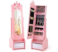 COSTWAY Kids Jewelry Cabinet Armoire, Freestanding Full Length Mirror with Storage Drawers, 2 Adjustable Tilt Angles, Girls Vanity Dress Up Mirrors for 3 + Years Old (Pink)