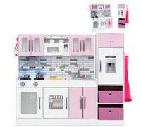 Costway Kids Kitchen Playset 2-Piece Modular Wooden Play Kitchen-Pink