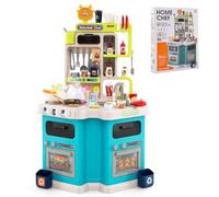 COSTWAY Kids Kitchen Playset, Corner Play Kitchen with Realistic Sounds & Lights, Steam Spray Simulation, Sink, 113 PCS Accessories, Pretend Role Play Toy for Boys Girls (Blue)