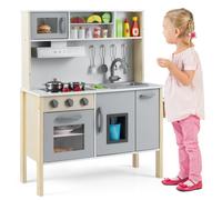 Costway Kids Kitchen Playset Wooden Pretend Play Kitchen W/ Microwave Grey