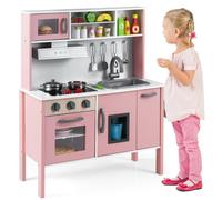 Costway Kids Kitchen Playset Wooden Pretend Play Kitchen W/ Microwave Pink & White