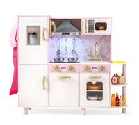 COSTWAY Kids Kitchen Playset, Wooden Pretend Play Kitchen with Lights & Sounds, Microwave, Ice Maker, Dessert Table, Cookware, Interactive Little Chef Pretend Toy for 3+ Years Old