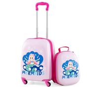 COSTWAY Kids Luggage Set, 12" Backpack & 16" Suitcase with Wheels and Height Adjustable Handle, Hard Shell Travel School Trolley Case for Boys Girls (Mermaid, Pink)