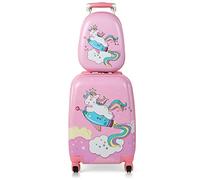 COSTWAY Kids Luggage Set, 2Pcs Backpack & Suitcase with Wheels and Height Adjustable Handle, Hard Shell Travel School Trolley Case for Boys Girls (Pink, 12"+18" Unicorn)