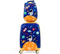 COSTWAY Kids Luggage Set, 2Pcs Backpack & Suitcase with Wheels and Height Adjustable Handle, Hard Shell Travel School Trolley Case for Boys Girls (Blue, 12"+18" Astronaut)