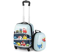 COSTWAY Kids Luggage Set, 2Pcs Backpack & Suitcase with Wheels and Height Adjustable Handle, Hard Shell Travel School Trolley Case for Boys Girls (Blue, 12"+16" Cars)