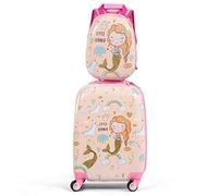 COSTWAY Kids Luggage Set, 2Pcs Backpack & Suitcase with Wheels and Height Adjustable Handle, Hard Shell Travel School Trolley Case for Boys Girls (Pink, 12"+18" Mermaid)