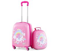 COSTWAY Kids Luggage Set, 2Pcs Backpack & Suitcase with Wheels and Height Adjustable Handle, Hard Shell Travel School Trolley Case for Boys Girls (Pink, 12"+16" Unicorn)