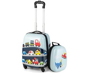 COSTWAY Kids Luggage Set, 2Pcs Backpack & Suitcase with Wheels and Height Adjustable Handle, Hard Shell Travel School Trolley Case for Boys Girls (Blue, 12"+16" Cars)