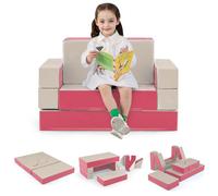 COSTWAY Kids Play Couch, 8-Piece Modular Toddler Soft Foam Playset with Removable Cover, Fold Out Convertible Children Sofa Bed for Kidsroom Bedroom (Pink+Grey)