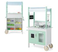 COSTWAY Kids Play Kitchen, Double-sided Pretend Toy Kitchen and Grocery Store Playset with LED Light Bars, Wheels, Blackboard, 16 Accessories, Role Play Gift for 3+ Years Old