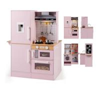 COSTWAY Kids Play Kitchen, Dual-Sided Toddler Pretend Laundry Toy Kitchen Playset with Real Lights & Sounds, Sink, Microwave, Cookware Utensils, for 3+ Years Old Boys Girls (Pink)