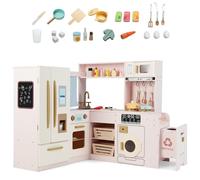 COSTWAY Kids Play Kitchen, Wooden Corner Pretend Kitchen with Lights & Sounds, Fridge, Ice Maker, Trash Can, 22 Accessories, Children's Chef Role Play Set for Boys Girls (Pink)