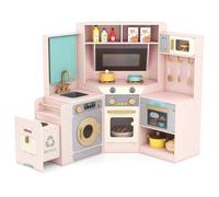 COSTWAY Kids Play Kitchen, Wooden Corner Pretend Kitchen with Lights & Sounds, Pull-Out Trash Can, Microwave, Oven, Washer, Children's Chef Role Play Set for Boys Girls (Pink)