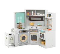 COSTWAY Kids Play Kitchen, Wooden Corner Pretend Kitchen with Lights & Sounds, Pull-Out Trash Can, Microwave, Oven, Washer, Children's Chef Role Play Set for Boys Girls (Grey)