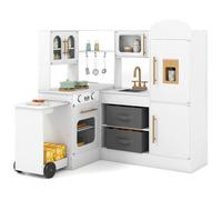 COSTWAY Kids Play Kitchen, Wooden Corner Pretend Kitchen with Lights & Sounds, Rolling Cart, Ice Maker, Microwave, Accessories, Children's Chef Role Play Set for Boys Girls