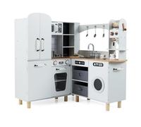 COSTWAY Kids Play Kitchen, Wooden Corner Pretend Toy Kitchen with Double-Door Fridge, Coffee Maker, Washer, Fabric Bins & 12 Accessories, Children's Chef Role Play Set for Boys Girls (White)