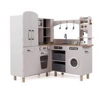 COSTWAY Kids Play Kitchen, Wooden Corner Pretend Toy Kitchen with Double-Door Fridge, Coffee Maker, Washer, Fabric Bins & 12 Accessories, Children's Chef Role Play Set for Boys Girls (Pink)