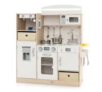 COSTWAY Kids Play Kitchen, Wooden Pretend Cooking Playset with Adjustable LED Lights, Removable Fabric Bins, Microwave Oven, Coffee Maker and Abundant Accessories, Toddler Chef Toy Set for Boys Girls