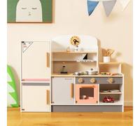 COSTWAY Kids Play Kitchen, Wooden Pretend Cooking Playset with Refrigerator, BBQ Grill, Faucet & Sink, Accessory Utensils, Children's Chef Role Play Set for Boys Girls