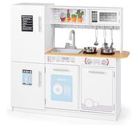 COSTWAY Kids Play Kitchen, Wooden Pretend Cooking Playset with Sink, Microwave, Dishwasher, Water Dispenser, Chalkboard, Toddler Toy Kitchen for Boys Girls
