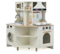 Costway Kids Play Kitchen Wooden Pretend Playset Role Play w/ Microwave Oven in Beige COSTWAY Beige