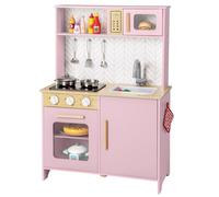 COSTWAY Kids Play Kitchen, Wooden Pretend Toy Kitchen with Lights & Sounds, Oven, Microwave, Sink, Faucet, Utensils, Children's Chef Role Play Set for Boys Girls (Pink)