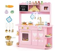 COSTWAY Kids Play Kitchen, Wooden Toy Kitchen with Stoves, Range Hood, Oven | Sink, Realistic Lights & Sounds, Children Cooking Role Playset for 3+ Years Old Boys Girls, Pink