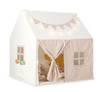COSTWAY Kids Play Tent, Indoor Large Playhouse with Mat, Star Lights, Flag Banner, Storage Pockets and Windows, Toddler Castle Fairy Tents Gift for Boys & Girls (Beige)