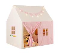 COSTWAY Kids Play Tent, Indoor Large Playhouse with Mat, Star Lights, Flag Banner, Storage Pockets and Windows, Toddler Castle Fairy Tents Gift for Boys & Girls (Pink)