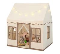 COSTWAY Kids Play Tent, Indoor Large Playhouse with Star Lights, Non-slip Mat and Windows, Castle Fairy Tents for Children Boys & Girls Gift (Beige+Coffee)