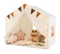 COSTWAY Kids Play Tent, Large Children Playhouse with Star Lights, Flag Banner, Cotton Mat and Windows, Indoor Castle Fairy Tents for Boys & Girls (Beige)