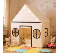 COSTWAY Kids Play Tent, Large Toddler Playhouse with Star Lights, Non-slip Mat, Windows, Side Storage Pocket, Indoor Castle Fairy Tents for Girls Boys (Beige+Grey)