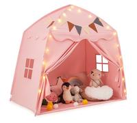 COSTWAY Kids Play Tent, Toddler Bed Tents with String Lights, Flag Banner, 2 Windows, Indoor Outdoor Castle Fairy Playhouse for Boys Girls (Pink)