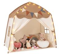 COSTWAY Kids Play Tent, Toddler Bed Tents with String Lights, Flag Banner, 2 Windows, Indoor Outdoor Castle Fairy Playhouse for Boys Girls (Beige+Coffee)