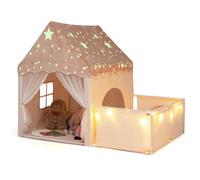 COSTWAY Kids Play Tent with Playpen, Padded Mat, Star Lights (Beige) | Shiny Flannel Fabric, Curtains & Windows, Indoor Children Playhouse Large Castle Fairy Tents for Girls Boys 3+ Years Old