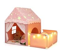 COSTWAY Kids Play Tent with Playpen, Padded Mat, Star Lights (Pink) | Shiny Flannel Fabric, Curtains & Windows, Indoor Children Playhouse Large Castle Fairy Tents for Girls Boys 3+ Years Old