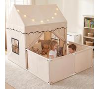 COSTWAY Kids Play Tent with Playpen, Star Lights, Cushion Mat (Beige) | Windows, Dual Doors, Indoor Children Playhouse Large Castle Fairy Tents for Girls Boys 3+ Years Old