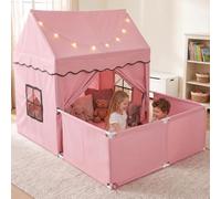 COSTWAY Kids Play Tent with Playpen, Star Lights, Cushion Mat (Pink) | Windows, Dual Doors, Indoor Children Playhouse Large Castle Fairy Tents for Girls Boys 3+ Years Old