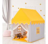 COSTWAY Kids Play Tent, Wood Frame Large Playhouse with Washable Mat and Windows, Indoor Outdoor Castle Fairy Tents for Children Boys & Girls Gift (Yellow)