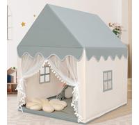 COSTWAY Kids Play Tent, Wood Frame Large Playhouse with Washable Mat and Windows, Indoor Outdoor Castle Fairy Tents for Boys Girls (Beige+Grey)