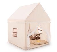 COSTWAY Kids Play Tent, Wooden Large Toddler Playhouse with Washable Mat and Windows, Indoor Outdoor Castle Fairy Tents for Boys Girls (Beige)