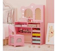 Costway Kids Princess Vanity Table & Chair Set with 5 Drawers & Lights in Pink COSTWAY Pink