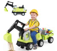 COSTWAY Kids Ride on Excavator, 2-In-1 Ride on Tractor (Green) | with Detachable Trailer, Rake, Shovel & Storage, Push Along Car Foot to Floor Sliding Car for Boys Girls