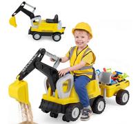 COSTWAY Kids Ride on Excavator, 2-In-1 Ride on Tractor (Yellow) | with Detachable Trailer, Rake, Shovel & Storage, Push Along Car Foot to Floor Sliding Car for Boys Girls