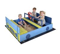 COSTWAY Kids Sandbox, 118 x 100cm Wooden Sand Pit with Bench Seats, Folding Lid, Sandpit Liner & Rotating Steering Wheel, Cartoon Car Design Outdoor Sand Box for Garden Backyard Beach